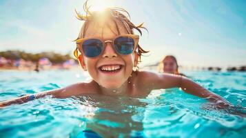 ai genererad söt liten pojke simning i slå samman på sommar dag. Lycklig barn har roligt utomhus foto