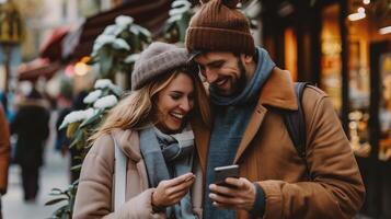 ai genererad par i vinter- kläder använder sig av mobil telefon på de gata av de stad foto