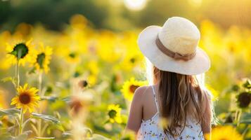 ai genererad porträtt av en skön liten flicka i en sugrör hatt i en solros fält foto