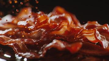 ai genererad närbild av bacon skivor på svart tallrik foto