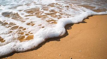 ai genererad mjuk Vinka av de hav på de sandig strand. sommar bakgrund foto