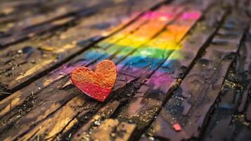 ai genererad regnbåge hjärta på en trä- bakgrund. selektiv fokus. kärlek. foto