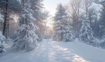 ai genererad vinter- skog med snö täckt träd. skön vinter- landskap med snö täckt träd. foto