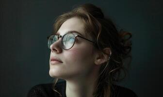 ai genererad porträtt av en skön ung kvinna i glasögon på en mörk bakgrund. foto