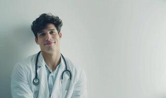 ai genererad porträtt av ung manlig läkare med stetoskop på vit bakgrund foto