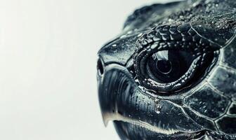 ai genererad stänga upp av de öga av en sköldpadda på en vit bakgrund foto
