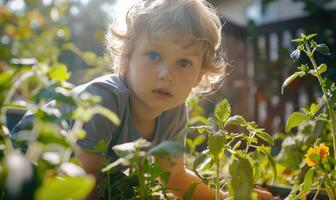 ai genererad porträtt av en söt liten pojke i de trädgård. selektiv fokus. foto