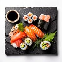 ai genererad skiffer styrelse med sushi uppsättning isolerat på vit bakgrund foto