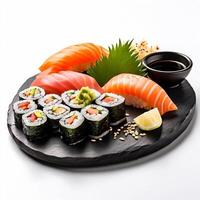 ai genererad skiffer styrelse med sushi uppsättning isolerat på vit bakgrund foto