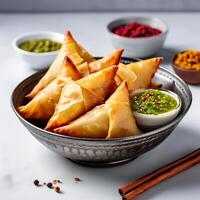 ai genererad utsökt indisk samosas med chutney i en skål på vit bakgrund foto