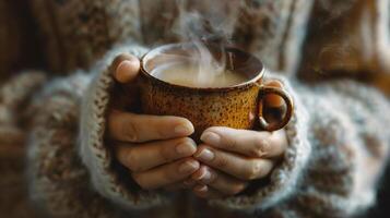 ai genererad kvinna i värma Tröja innehav kopp av kaffe i händer, stänga upp foto