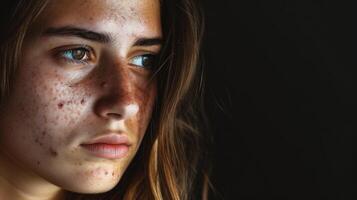 ai genererad närbild porträtt av en ung kvinna med problematisk hud foto
