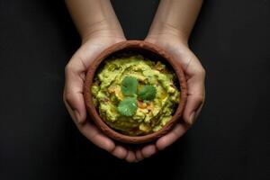 ai genererad en skål på mexikansk guacamole, mexikansk gastronomi, baner med kopia Plats, generativ. ai generativ foto