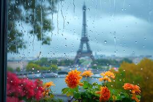 ai genererad en se av de eiffel torn genom en regn - täckt fönster med en gata ljus i de bakgrund. foto