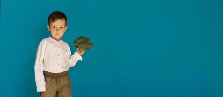 en studio skott av en leende pojke innehav färsk broccoli på en blå bakgrund med en kopia av de Plats. de begrepp av friska bebis mat. foto