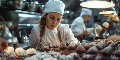 ai genererad kvinna bagare arbetssätt i mataffär bageri. ai genererad foto