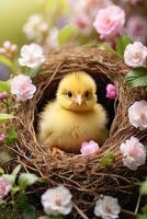 ai genererad söt fluffig gul kycklingar i en vår blomning bo av kvistar och blommor i natur. vår kort, vår tid, barn, barndom. ai genererad foto