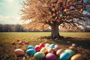 ai genererad de grenar av de vår träd är dekorerad med färgrik påsk ägg. påsk vykort, vår natur, ai genererad foto