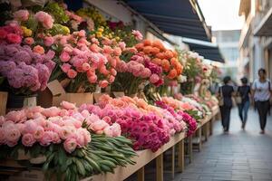 ai genererad blomma marknadsföra på de solig gata av de stad - leva skära buketter är såld på utomhus- bås. foto