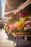 ai genererad blomma marknadsföra på de solig gata av de stad - leva skära buketter är såld på utomhus- bås. ai genererad foto