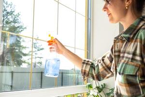 kvinna manuellt tvättar de fönster av de hus med en trasa med spray rengöringsmedel och mopp inuti de interiör med vit gardiner. återställa beställa och renlighet i de vår, rengöring serva foto