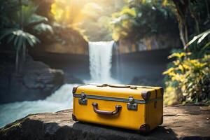 ai genererad en gul resväska på de bakgrund av en vattenfall i de regnskog. resa, vandring Turné till vild, exotisk platser, turism, utomhus- aktiviteter. ai genererad foto