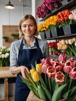 ai genererad kvinna blomsterhandlare samlar en bukett av tulpaner - färsk skära blommor i lådor och vaser i blomma affär och kuggstänger för försäljning, leverans för de Semester. vår, Mars 8, kvinnors dag, födelsedag. foto