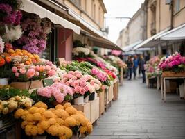 ai genererad blomma marknadsföra på de solig gata av de stad - leva skära buketter är såld på utomhus- bås. ai genererad foto