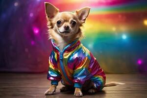 ai genererad en chihuahua hund i en regnbåge skinande glamorös jacka inomhus- i de studio på en regnbåge bakgrund. hund mode, djur- Kläder. ai genererad foto