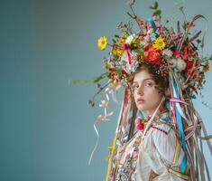 ai genererad en fotografera av en ung skön kvinna i en traditionell ukrainska kostym. hon bär en omfattande krans av blommor och band på henne huvud. enkel bakgrund Plats för text. foto