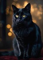 ai genererad porträtt av en svart katt med gul ögon på en mörk bakgrund. ai generativ foto