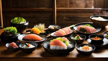 ai genererad sushi rullar med wasabi och soja sås på en tallrik. ai generativ foto
