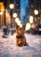 ai genererad söt nova skotska Anka vägtullar retriever hund Sammanträde på en snöig gata. ai generativ foto