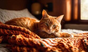 ai genererad söt ingefära katt liggande på de säng med en värma filt. ai generativ foto