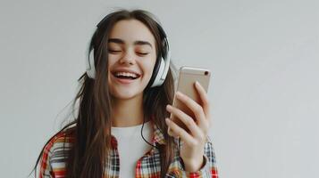ai genererad Lycklig leende ung kvinna använder sig av smartphone och lyssnande podcast förbi hörlurar, livsstil begrepp foto