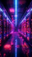 ai genererad hög tech server anläggning data Centrum i vibrerande neon färger vertikal mobil tapet foto