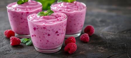 ai genererad selektiv fokus på hallon smoothie detox diet vegetarian mat för friska äter foto