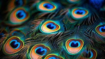 ai genererad detaljerad makro fotografi visa upp vibrerande påfågel fjäder mönster för fantastisk bakgrunder foto
