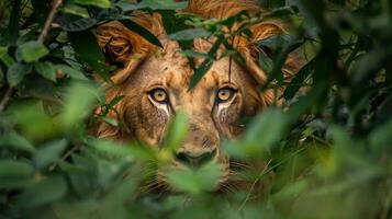 ai genererad majestätisk lejon med intensiv blick peering genom tät mörk tropisk djungel lövverk foto