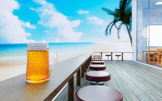 fatöl eller hantverksöl i ett högt klart glas med ölskum ovanpå och det är bubblor i glaset. kall öl i ett glas, placerad på ett träbord på stranden, havet under dagen. 3d-rendering foto