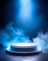 ai genererad podium attrapp med neon blå ljus och rök, minimalistisk scen foto