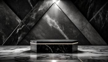 ai genererad en elegant, svart marmor podium attrapp med en enda strålkastare highlighting de tömma plattform foto
