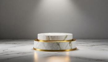 ai genererad enda avrundad vit marmor podium attrapp med guld, modern podium med en enda strålkastare foto