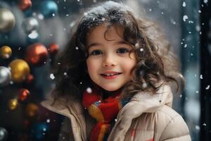 ai genererad jul bebis porträtt, söt barn caucasian leende flicka i ytterkläder mot bakgrund av dekorerad xmas träd bokeh utomhus på vinter- snöig dag ser på kamera foto