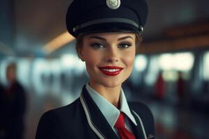 ai genererad porträtt av en skön leende ung kvinna professionell flyg skötare eller jet pilot i enhetlig med keps inomhus ser på kamera foto