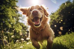 ai genererad glad rolig lekfull hund löpning sällskapsdjur på gräsmatta på solig dag. djur- verkan porträtt av fisköga foto