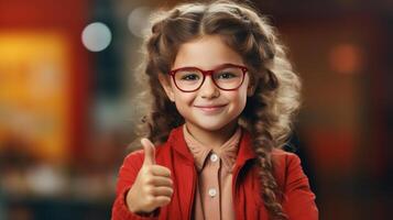 ai genererad Häftigt positiv liten flicka i röd jacka och glasögon som visar tycka om eller ok gest, leende caucasian smart skol tumme upp på suddig bakgrund foto