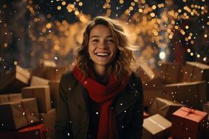 ai genererad jul gåvor, Lycklig ung kvinna i ytterkläder på en snöig vinter- kväll mot bakgrund av röd gåva lådor foto