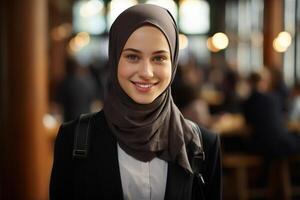 ai genererad porträtt av skön leende muslim skol eller studerande i hijab med ryggsäck stående inomhus och ser på kamera foto