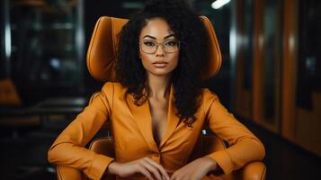 ai genererad eleganta smart företag afrikansk amerikan kvinna i en gul kostym och glasögon Sammanträde i en stol i kontor. självsäker affärskvinna ser på kamera foto